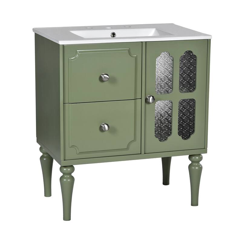30 Inch Single Sink Freestanding Bathroom Vanity in Green with White Ceramic Top