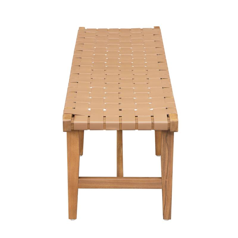 Roomfitters Acacia Wood Bedroom Bench with Woven PU Leather Seat, Teak Finish