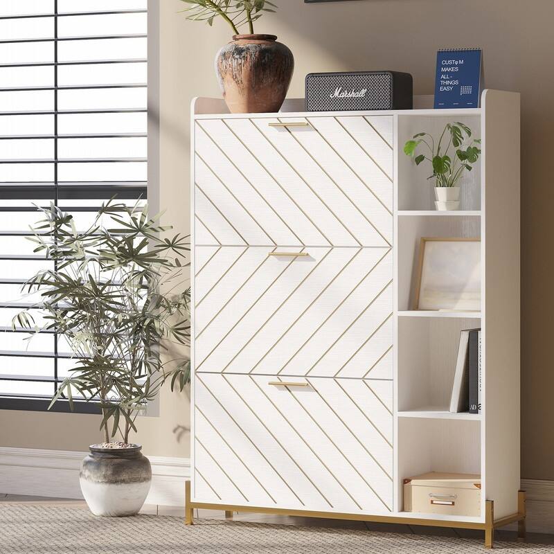 Shoe Cabinet with 3 Flip Drawers and Open Shelves