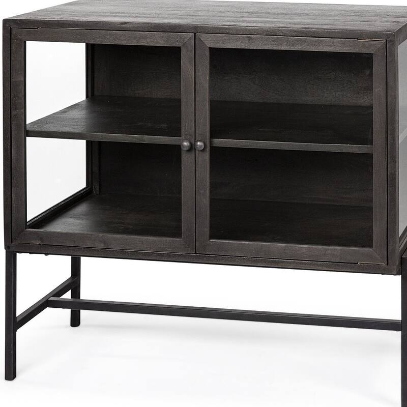 HomeRoots 36" Brown and Black Solid Wood and Metal Display Cabinet With Two Doors