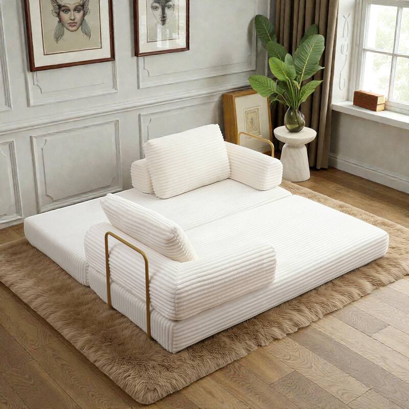 Convertible Sofa Bed Futon, Corduroy Folding Floor Couch with Pillows, Boneless Sleeper Mattress for Living Room