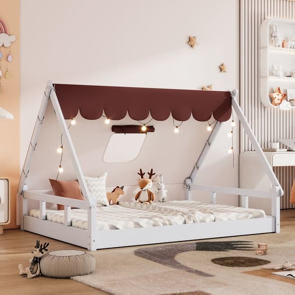 slide 2 of 18, Wooden Full Size Tent Bed for Kids with Fabric, Fence, and Roof Brown