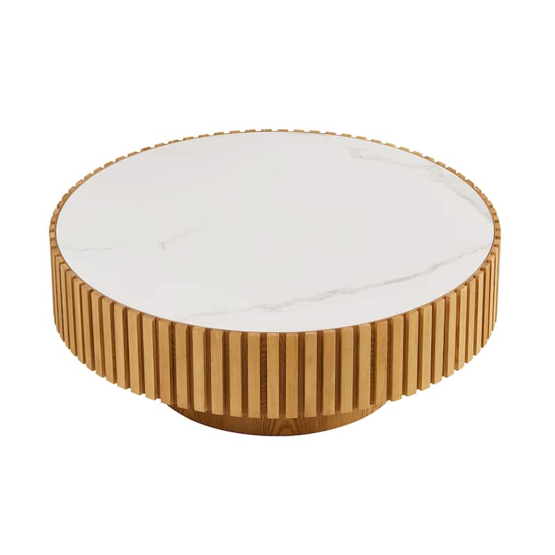 Luxury Round Coffee Table with Faux Marble Top, 35.43" Modern Low Drum Shape Cocktail Table for Living Room, Reception Room