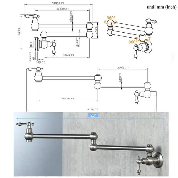 dimension image slide 11 of 12, WOWOW Wall Mounted Pot Filler Faucet with Double Joints