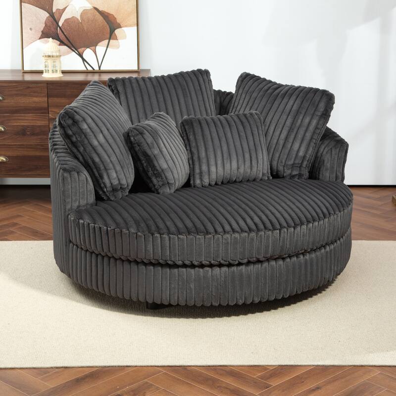Modern Sofa Chair Round Accent Barrel Chair With 5 Pillows and Storage Ottoman - Chair/Charcoal/Faux fur