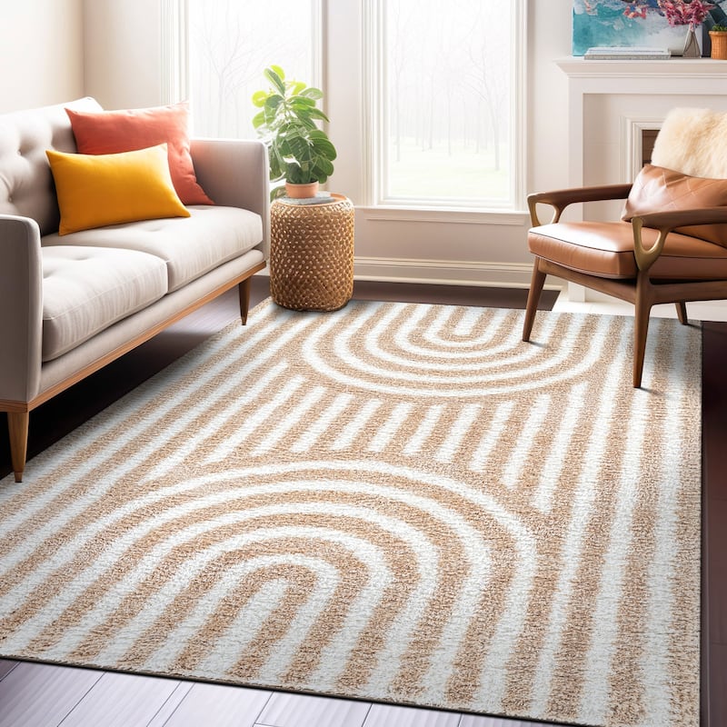 Abstract Arch Shag Rug - Medium Pile, Durable & Easy to Clean - Anthracite Dark Gray - Beige - 5' x 7'