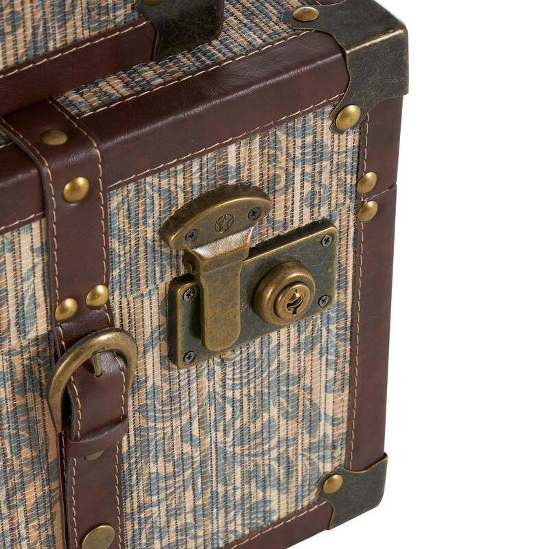 Blue Wooden Vintage Storage Floral Decorative Trunk with Brown Leather Accents and Gold Studs (Set of 2)