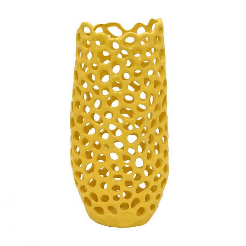 Kifa Flower Vase, Modern Cutout Textured Look, 15 Inch Yellow Ceramic