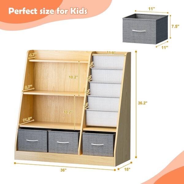 Kids Bookshelf Wood Toy Storage Organizer Cabinet Children Bookcase Toddler Baby Sling Book Rack 3 Cube Bins Fabric Drawers
