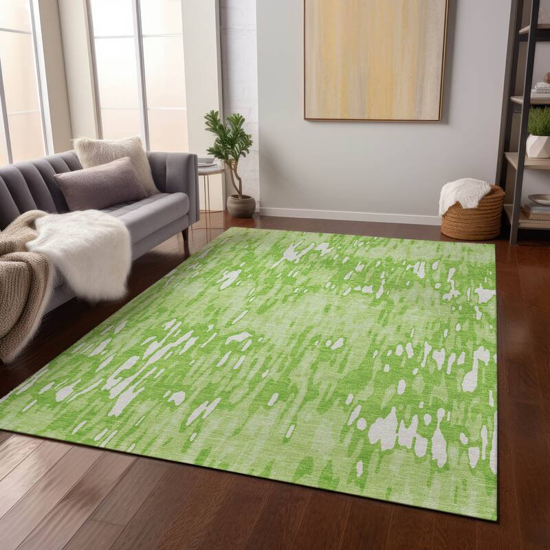 Machine Washable Indoor/ Outdoor Modern Watercolor Chantille Rug - Lime - 5' x 7'6"