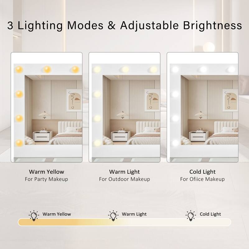 43.3" Vanity Desk with Large Mirror and Hollywood Bulbs - White