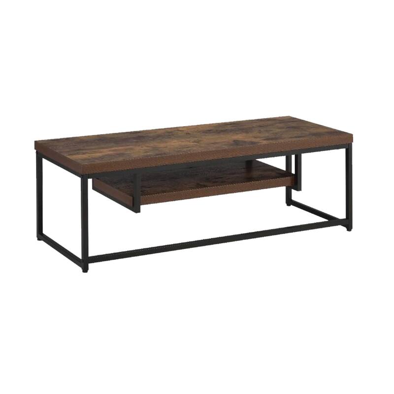 Wood And Metal TV Stand With One Shelf, Weathered Oak Brown And Black