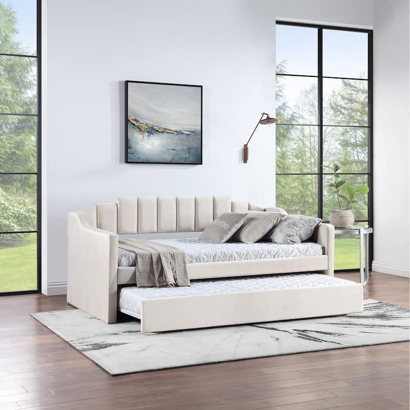 Modern Twin Size Upholstered Velvet Tufted Daybed with Trundle