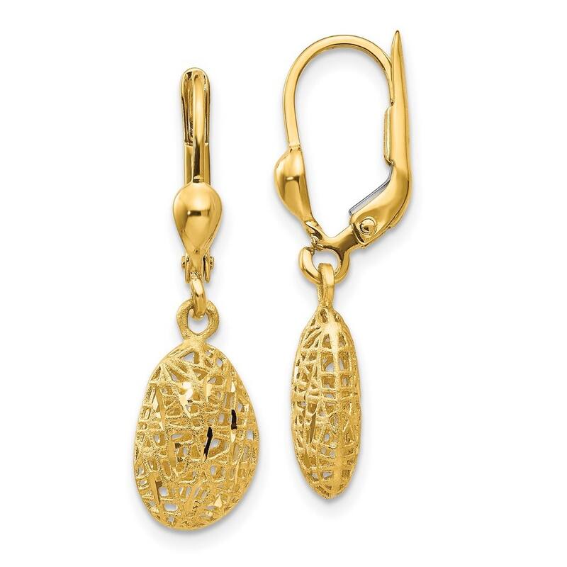 Curata 14k Yellow Gold 31x8mm Open Textured Birdcage Kidney Dangle Lever back Earring
