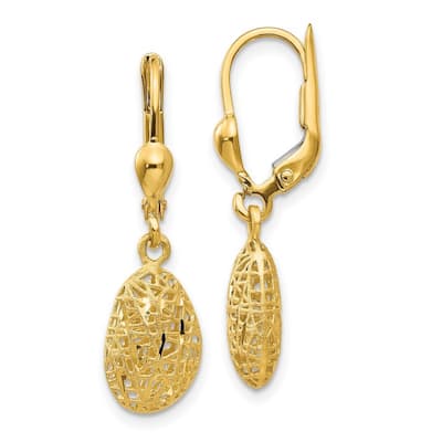 Curata 14k Yellow Gold 31x8mm Open Textured Birdcage Kidney Dangle Lever back Earring