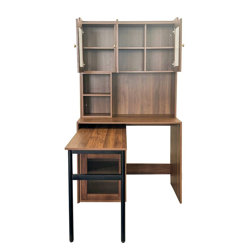 Computer Desk with glass door for Home Office or Study desk, Bookshelf & Hutch, Computer Desk with 90 Degree Rotating Desktop