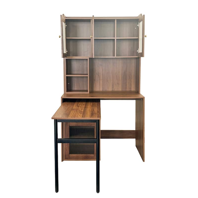 Rotating Computer Desk with Extendable Desktop, Modern Study Writing Desk with Glass Doors, Hutch & Bookshelf for Home Office