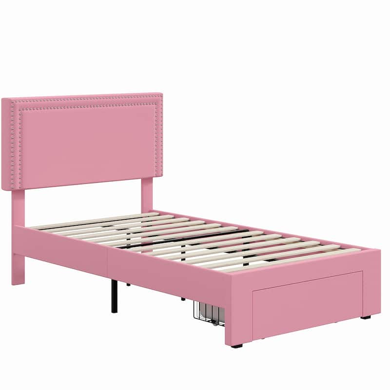 VECELO Set of 2 Twin Beds with Rolling Underbed Drawer Height Adjustable Headboard Rivet-Trimmed Headboard Twin Beds