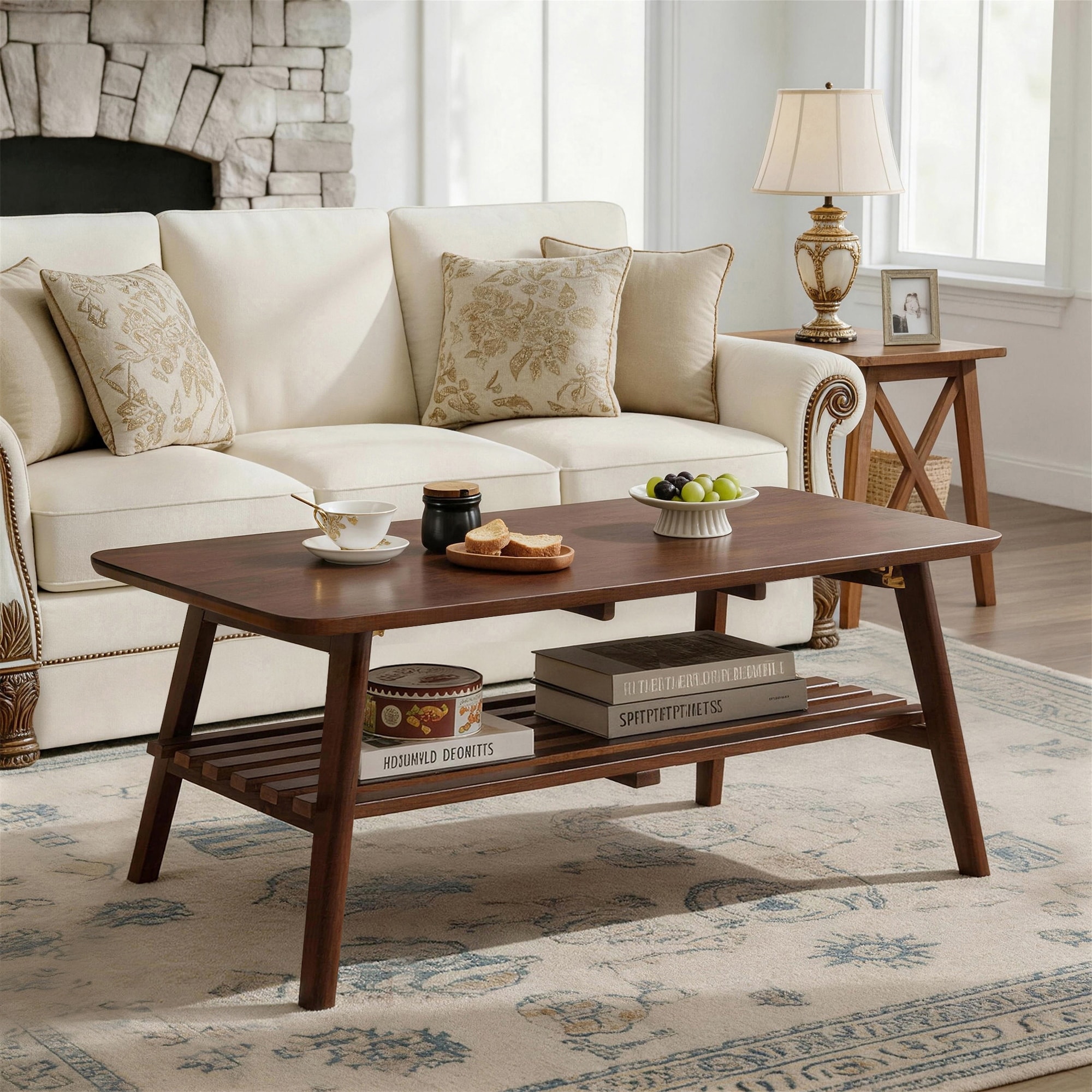 Wooden Coffee Table with Storage Shelf, Mid-Century Rectangular Center Table for Living Room,Walnut Brown
