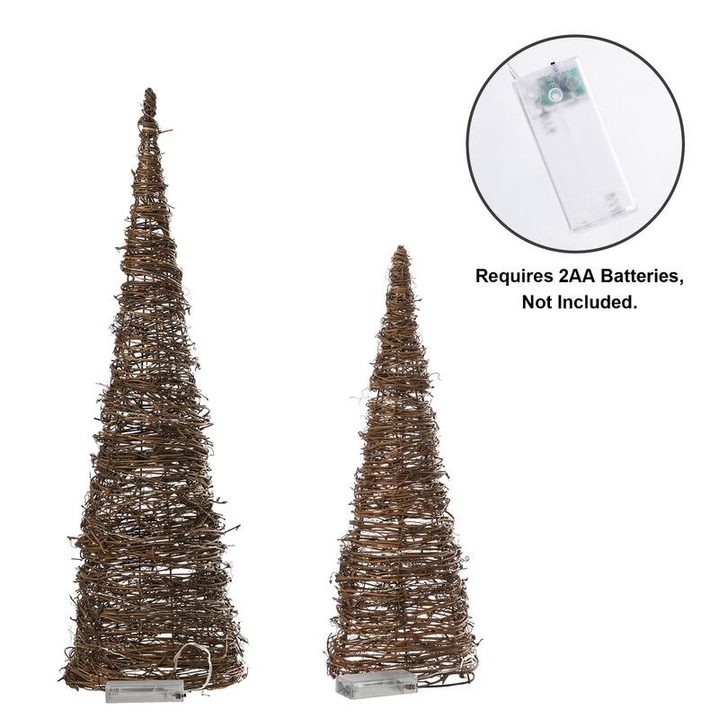 Glitzhome Set of 2 Lighted Rattan Christmas Table Tree Decor with Timer - Brown