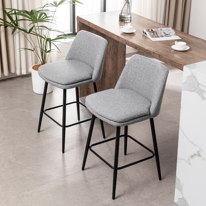 Linen Swivel Bar Stools Set of 2, Counter Height Upholstered Bar Stools, Bar Chairs with Curved Back & Metal Legs