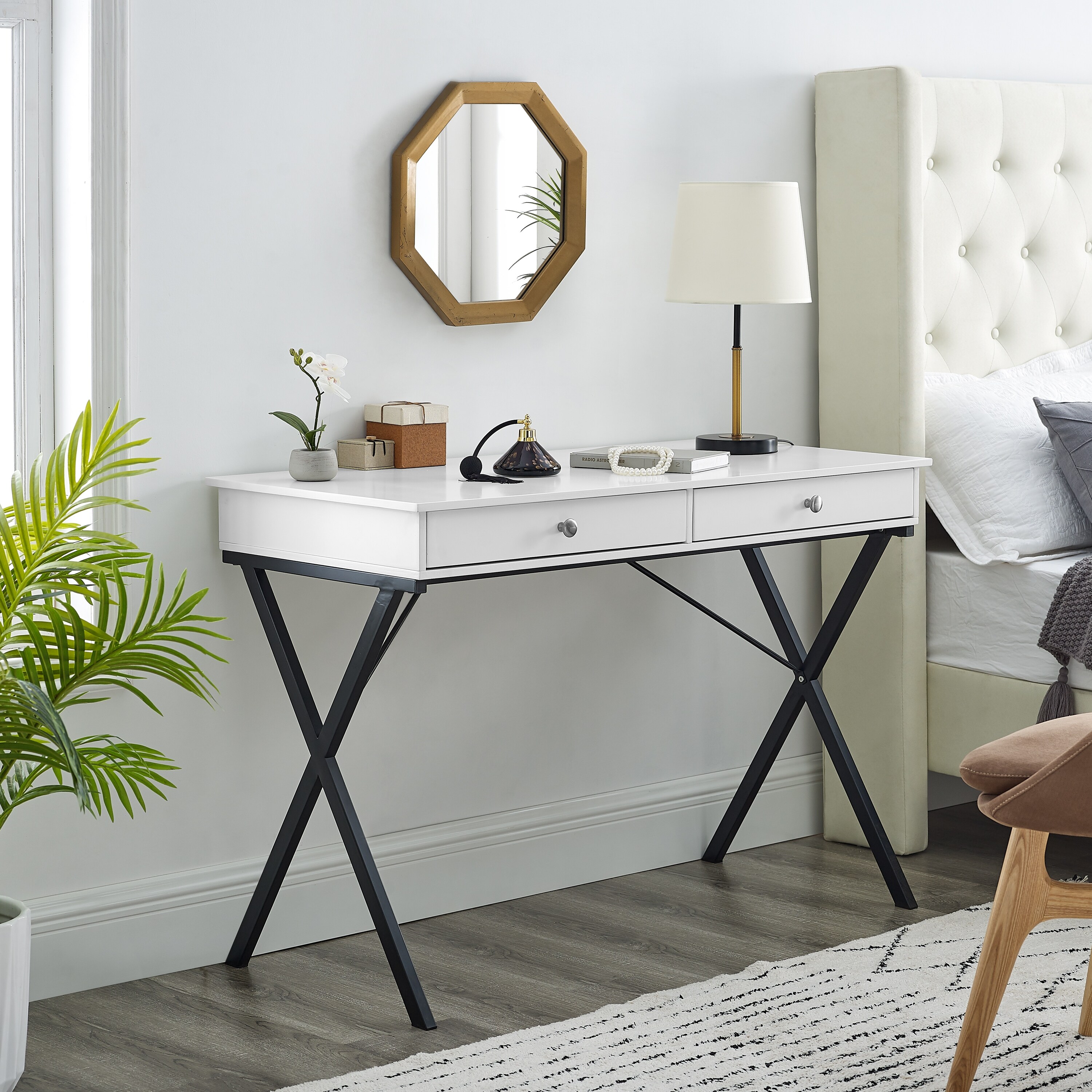 Withe Finish 2 Drawers Writing Desk with Black Stoving Varnsih Steel Frame, MDF Table Top, 42