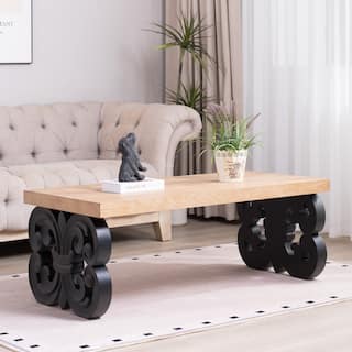 Black Scroll Base Coffee Table, Rectangular Wood Accent Table for Modern Farmhouse Living Rooms