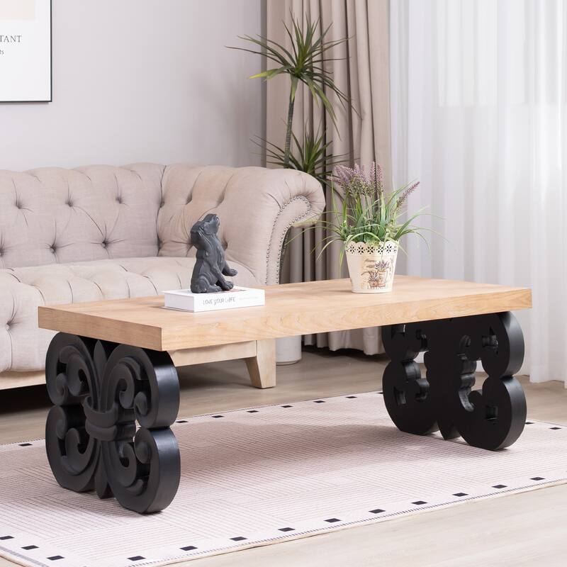 Wood Coffee Table-47" Rectangular Table With Carved Base And Natural Wood Top - Black