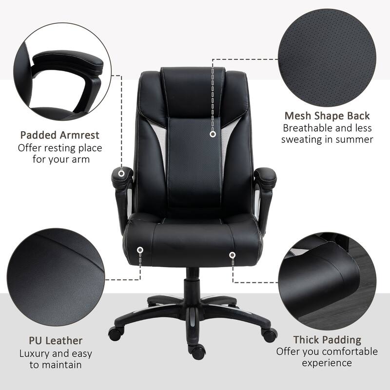 Black Ergonomic Office Chair with Mesh Back, PU Leather Accents, and Rocking Function - 26.25" W x 28" D x 44.25" - 47.25" H
