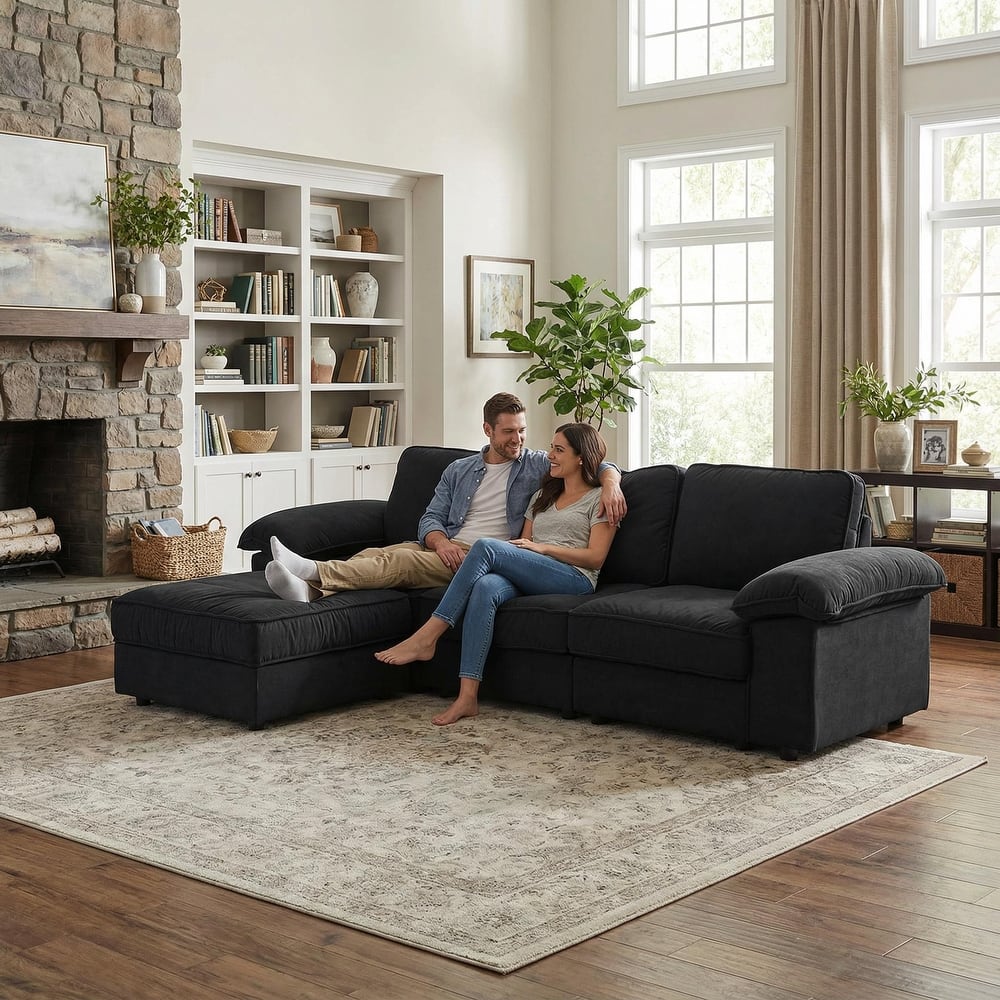 Upholstered L-Shaped Sectional Sofa Couch with Ottoman, Modern Fabric Deep Seat Sofa