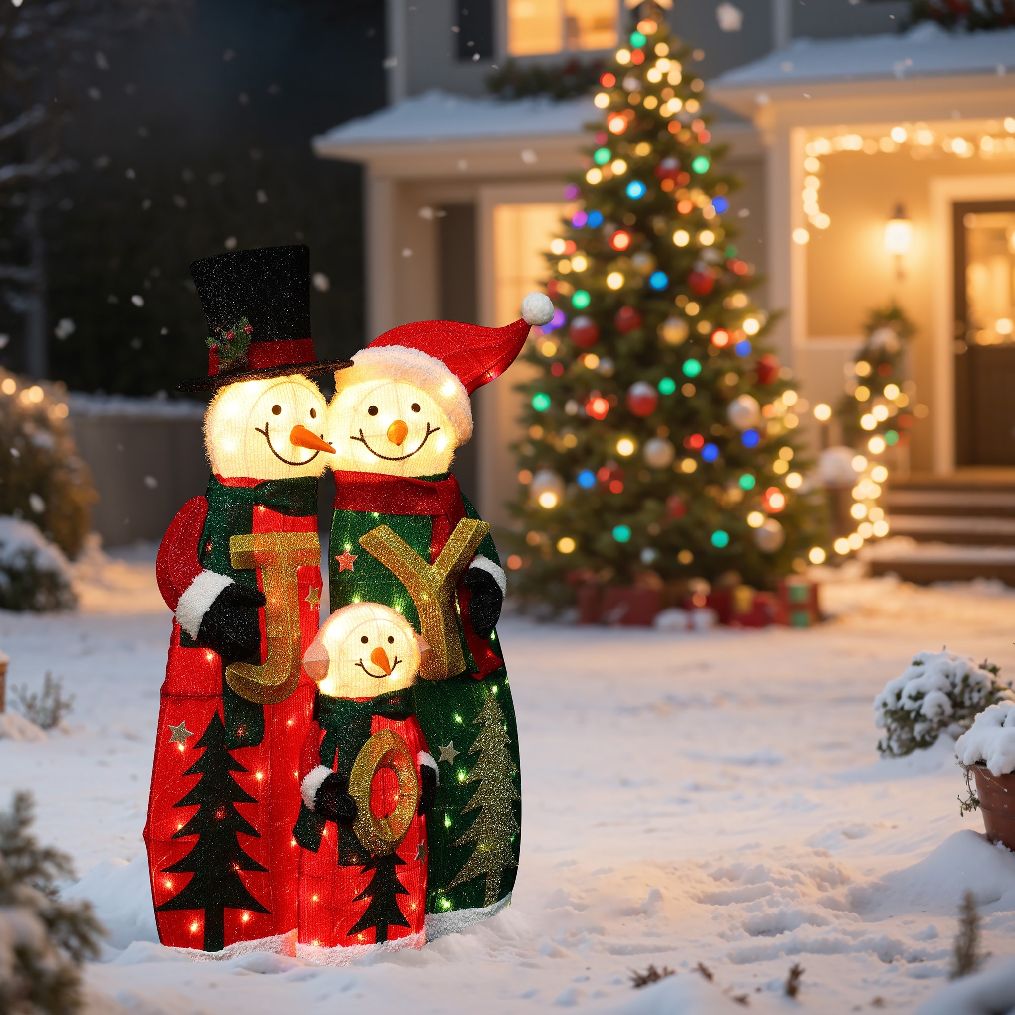 Snowman Family with Joy Greeting Holiday Decoration with Lights