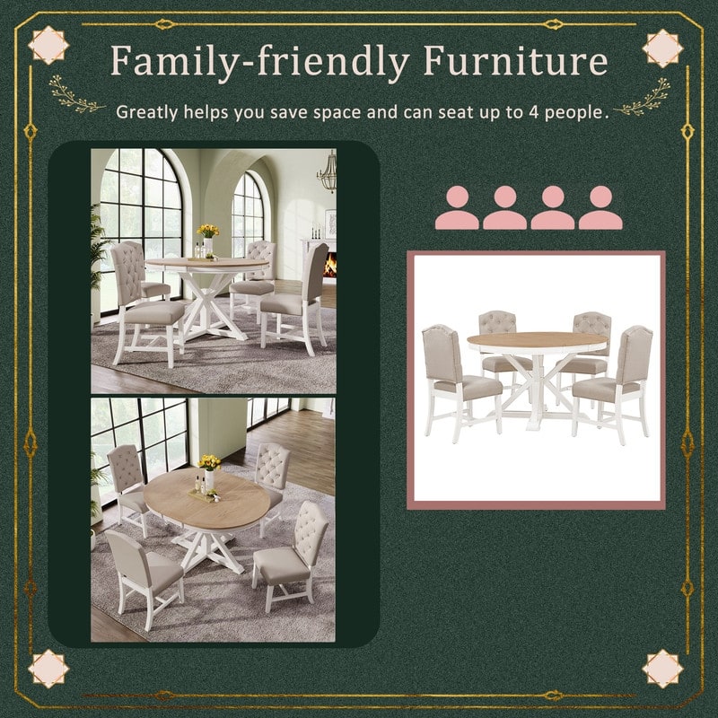 Retro Dining Table Set with Extendable Table and 4 Upholstered Chairs for Dining Room，Living Room (Oak Natural Wood+Off White)