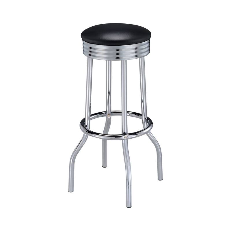 30 Inch Round Bar Stool, Set of 2, Ribbed Apron Base, Chrome, Black