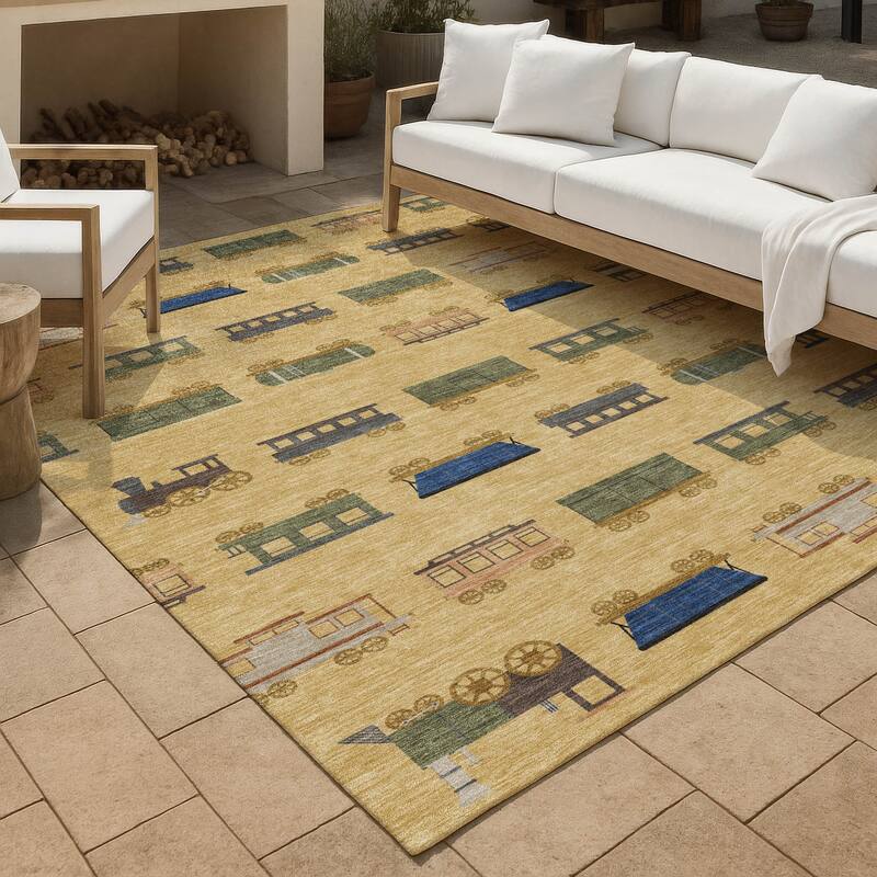 Machine Washable Indoor/ Outdoor Modern Train Chantille Rug - Gold - 3' x 5'