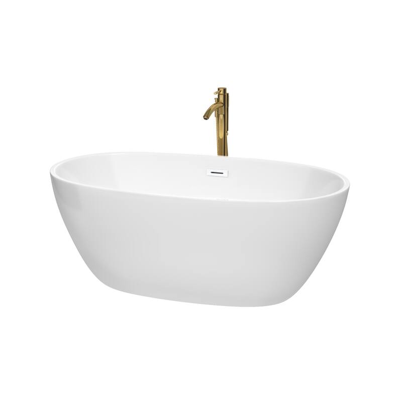 Wyndham Collection Juno 59" Freestanding Soaking Tub with Tub Filler - White / Shiny White Trim / Brushed Gold Faucet