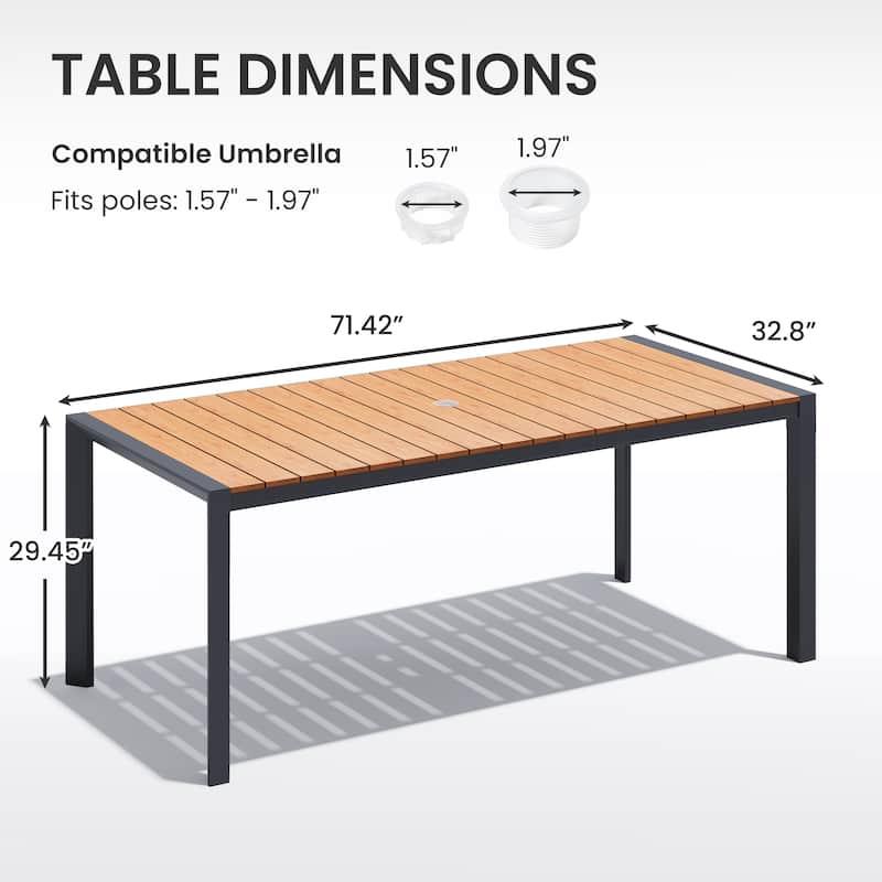 Outdoor All-Weather Aluminum Patio Rectangular Dining Table with Umbrella Hole