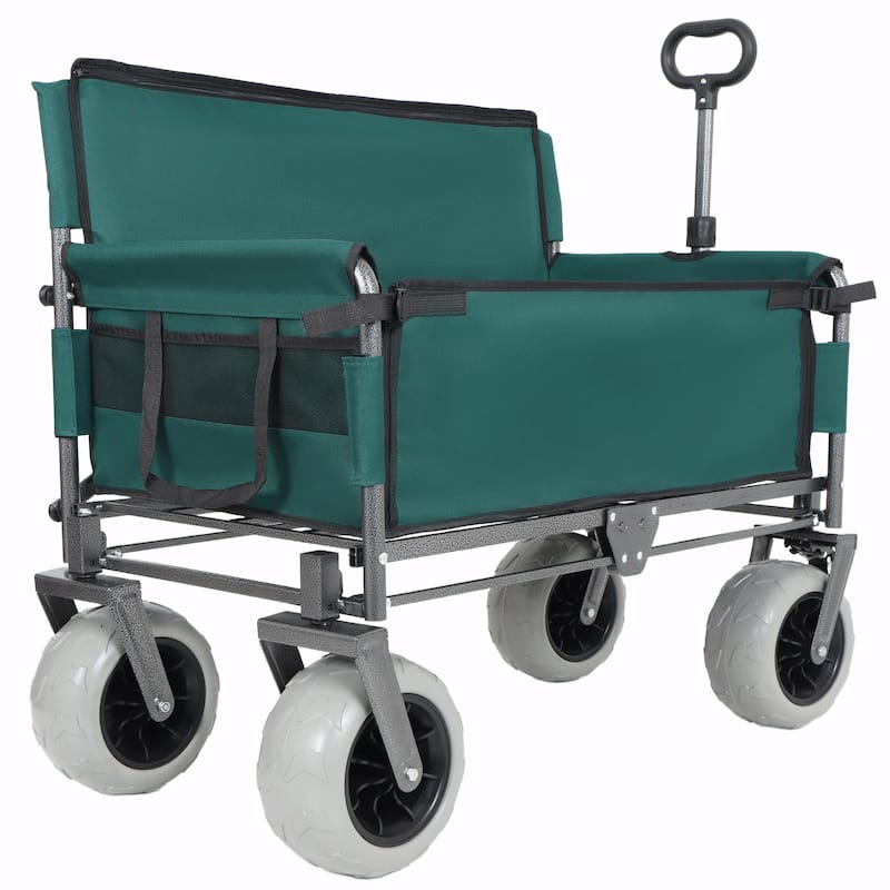 3-in-1 Folding Wagon with Bench Seat - 500lbs Capacity, 9"x4" Beach Tires