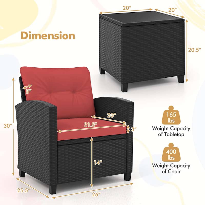 3 PCS Patio Furniture Set Rattan Conversation Set w/ Cushions & Table