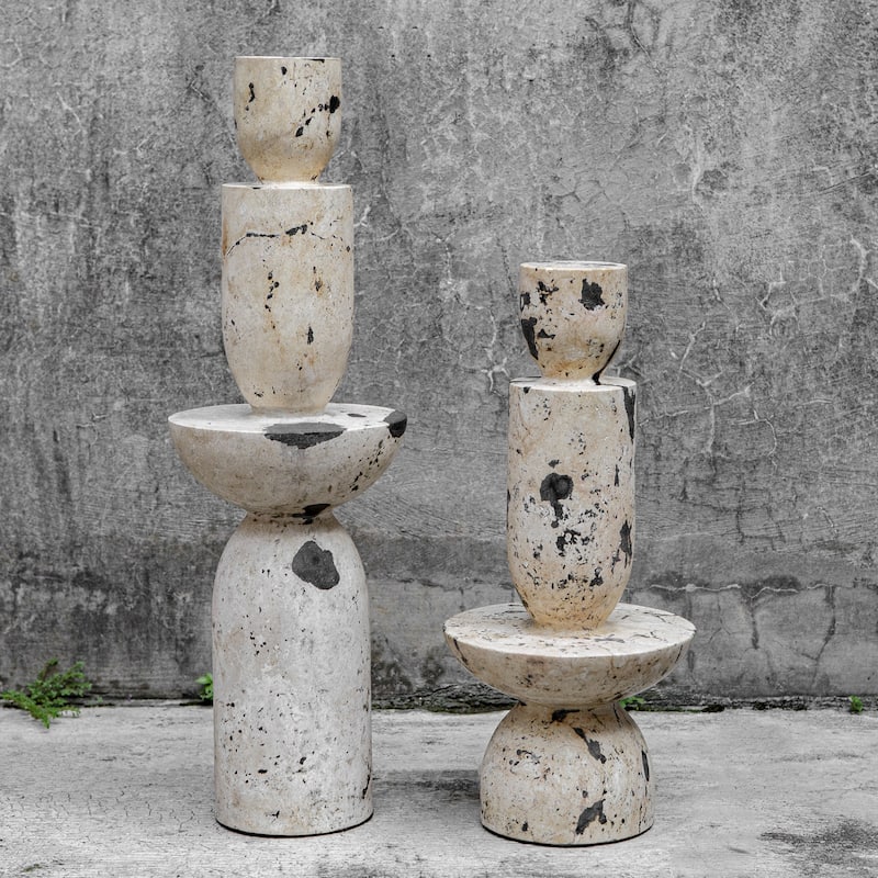 Geometric Limestone Tower Sculptures - 22" - Set of 2