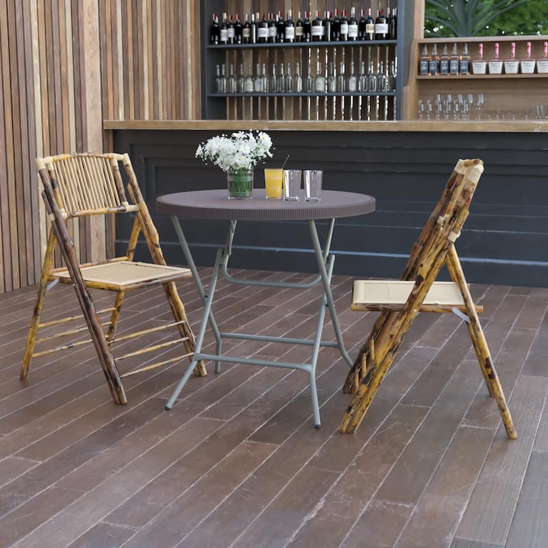 2.6-Foot Round Rattan Plastic Folding Table - Outdoor Event Table - Brown