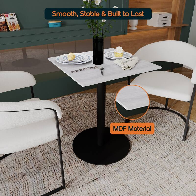 Vail Square Dining Table with 24 in. MDF Tabletop in Black Stainless Steel Round Pedestal Base Accent Kitchen Table