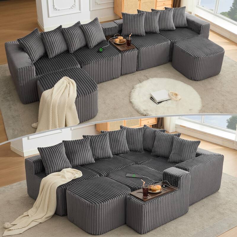 137.5" U-Shaped Modular Sofa with USB & Wireless Charging, Coffee Table Board, Cup Holders, Movable Footstool, Corduroy