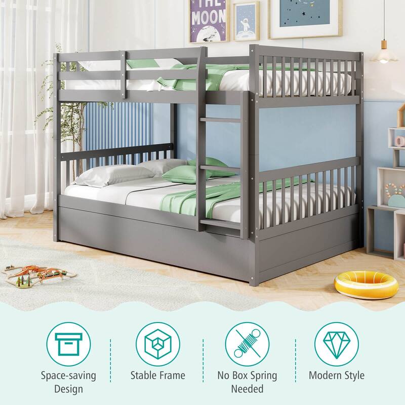 Costway Full over Full Bunk Bed Platform Wood Bed with Trundle &