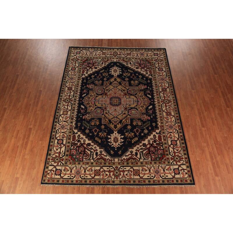 Blue Geometric Heriz Serapi Indian Area Rug Handmade Wool Carpet - 8'9"x 11'11"