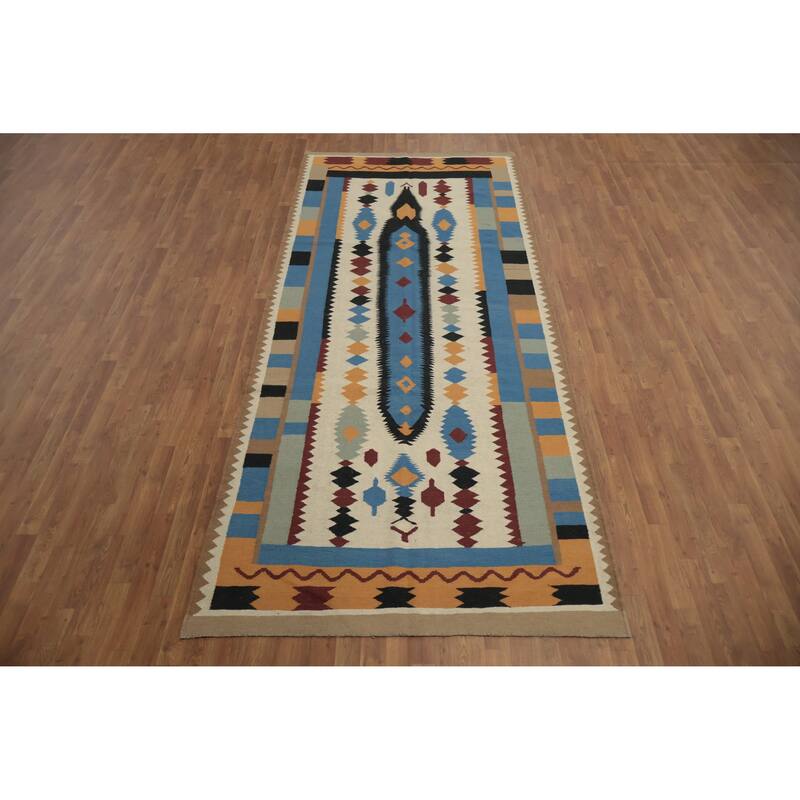 Hand Woven Oriental 100% Wool Carpet Southwestern Tribal Beige & Ivories Kilim Area Rug - 12' 0'' X 5' 0''