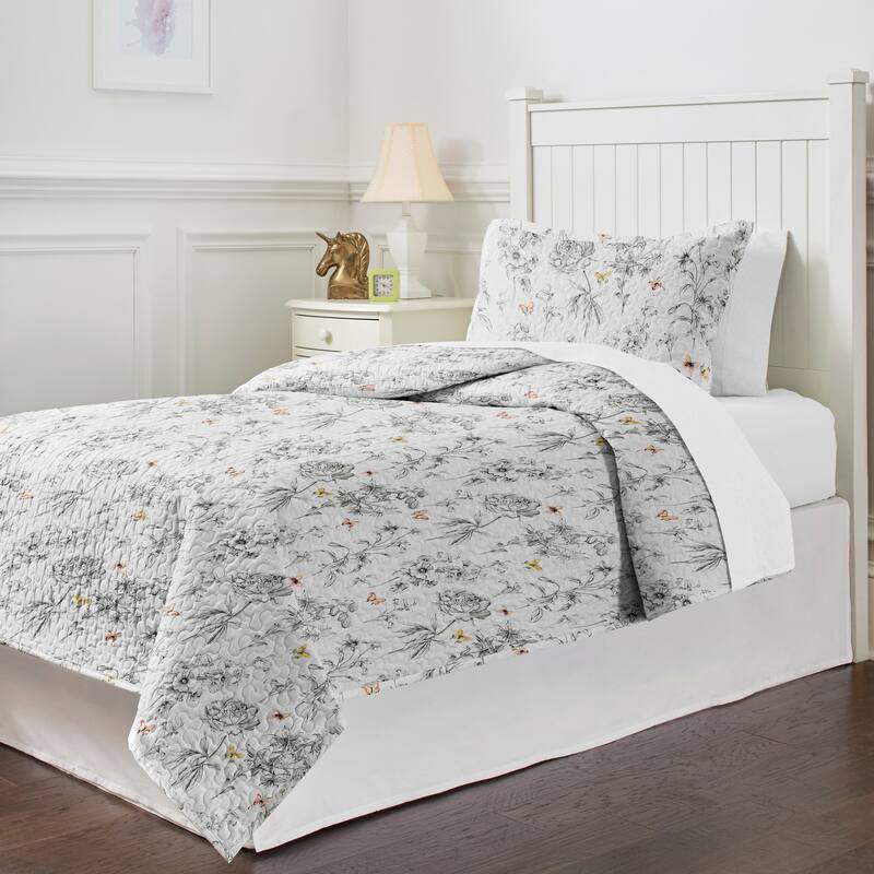 Pointehaven Percale Cotton Oversized Printed Scroll Design Quilt Set - Pollen - Twin - Twin XL