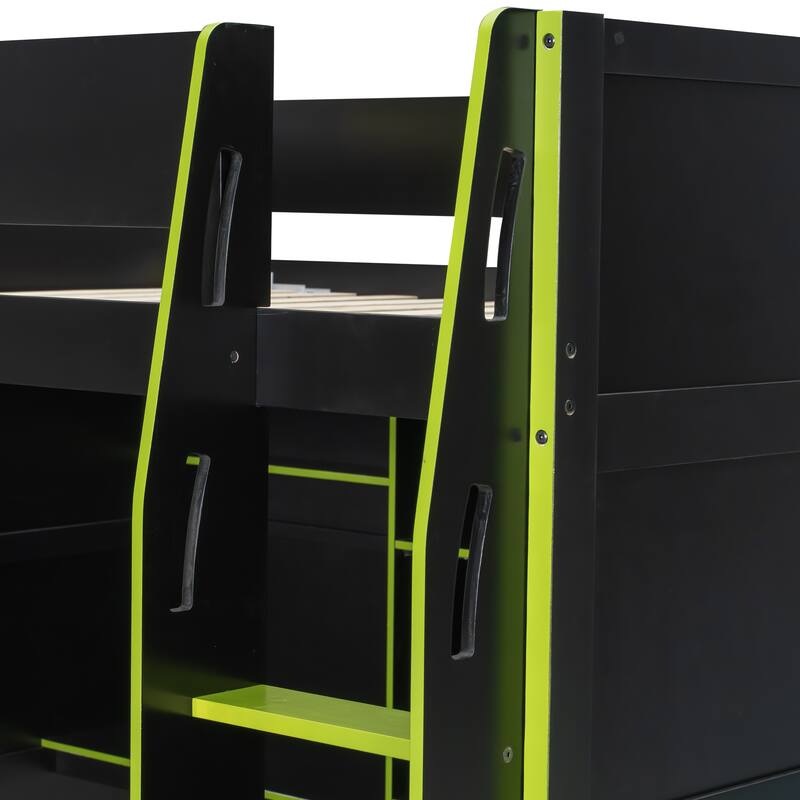 All-in-one Full Size Wood Loft Bed for Gaming & Workspace with Desk, Open Wardrobe, Storage Compartments and RGB Light Strip