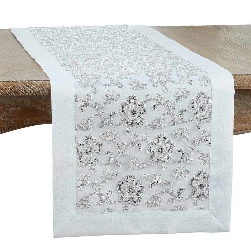 Embroidered Table Runner With Floral Design - 16"x72" - White