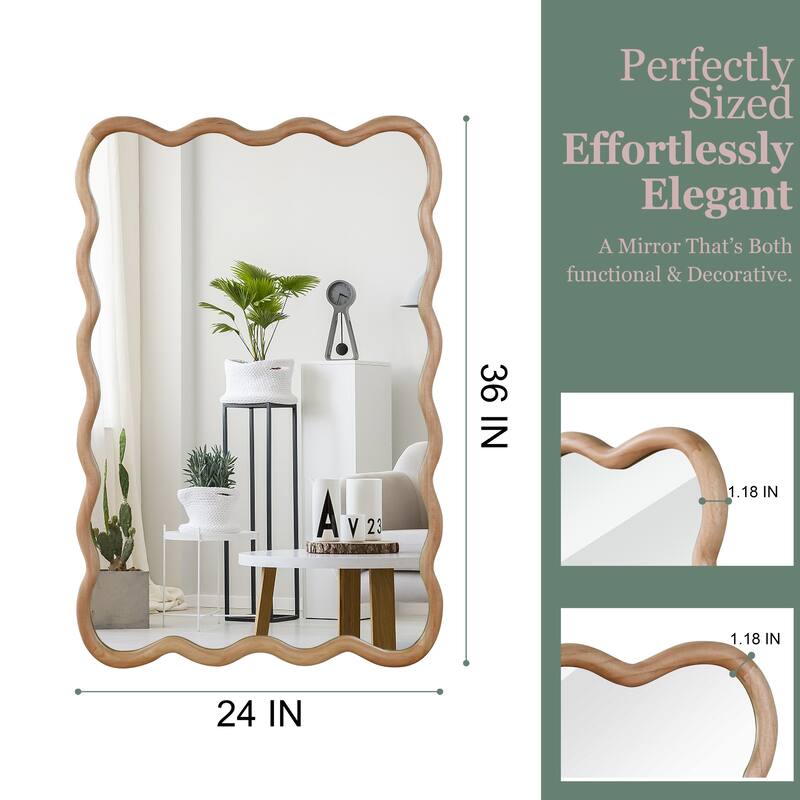 Wavy Rectangle Solid Wood Frame Decorative Mirror - Natural