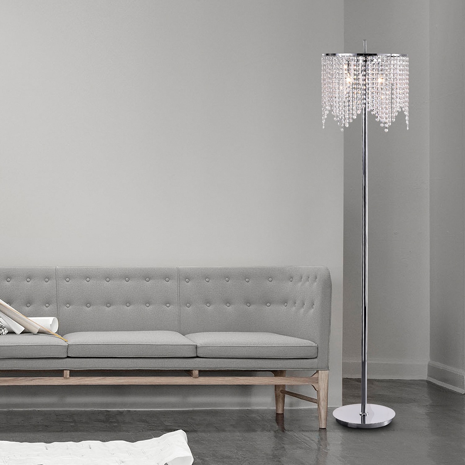 65 in. Chrome 3 Light Floor Lamp with Crystal Bead Round Shade On Sale Bed Bath Beyond 32826905